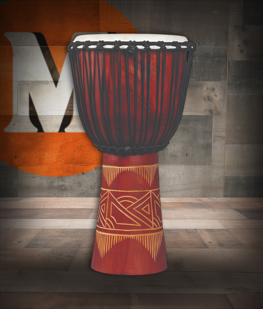 Latin Percussion LP713LR World Beat Wood Art Large Djembe featuring a carved wooden shell, red/natural artistic finish, rope tuning, and deep resonant sound ideal for world percussion ensembles and recreational drumming.