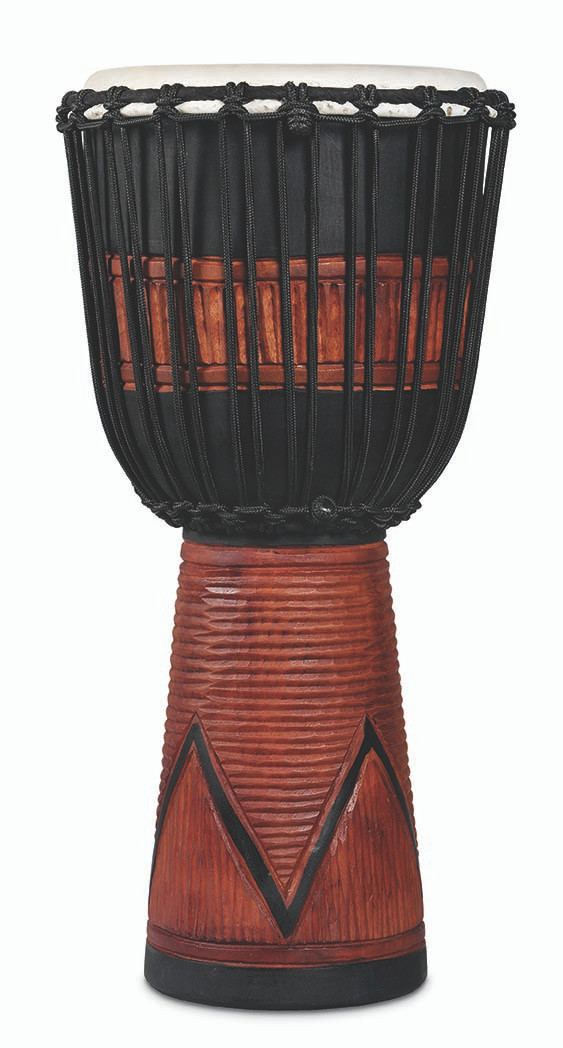 Latin Percussion LP713LB World Beat Wood Art Large Djembe featuring a hand-carved wooden body, black/brown artistic finish, durable rope tuning system, and powerful resonant tone suited for world percussion and group drumming.
