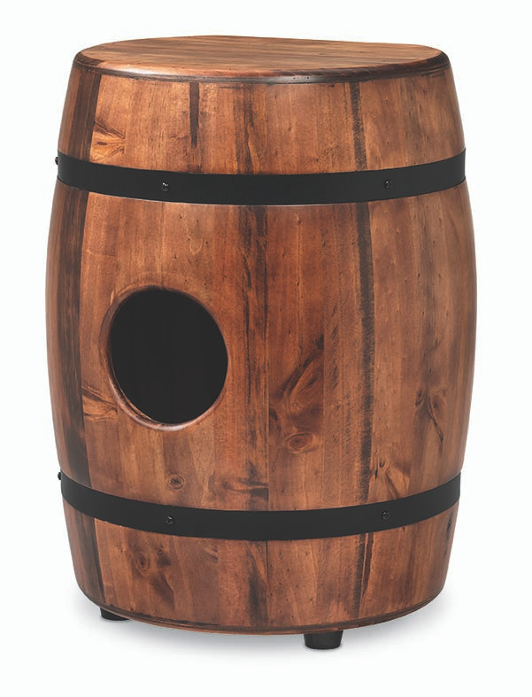 Latin Percussion M1406WB Whiskey Barrel Cajon featuring a large New Zealand pine body shaped like a whiskey barrel, delivering deep bass, crisp snare definition, and standout aesthetics ideal for acoustic and world percussion setups.