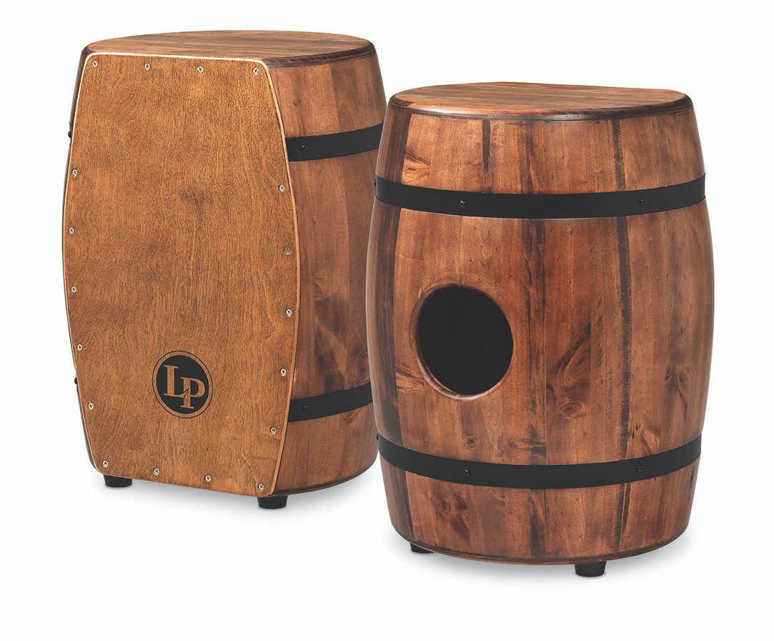Latin Percussion M1406WB Whiskey Barrel Cajon featuring a large New Zealand pine body shaped like a whiskey barrel, delivering deep bass, crisp snare definition, and standout aesthetics ideal for acoustic and world percussion setups.