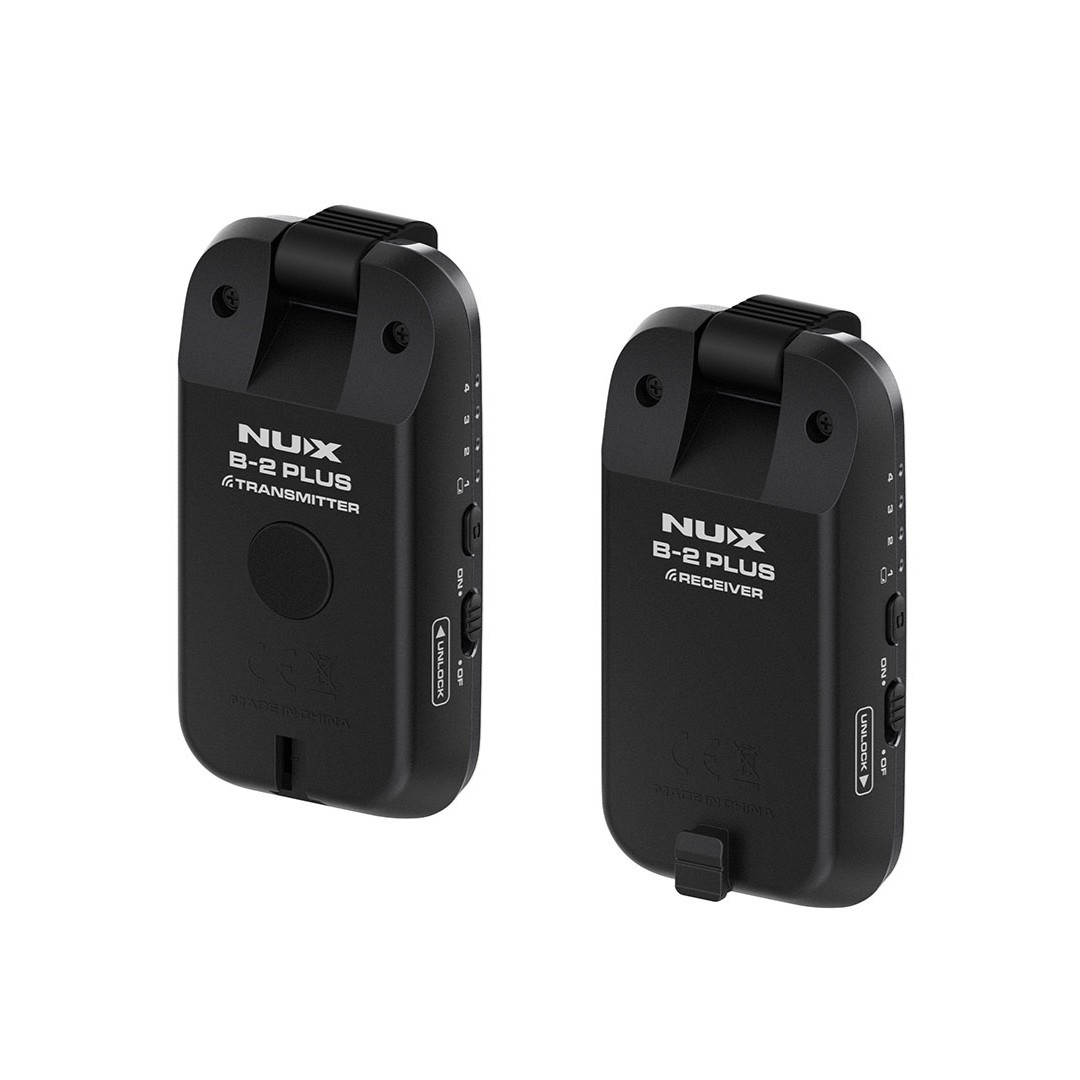 NUX B-2 Plus 2.4GHz Guitar Wireless System featuring a compact transmitter and receiver, high-definition digital audio, ultra-low latency, auto channel selection, and long-lasting rechargeable batteries for guitar and bass players.
