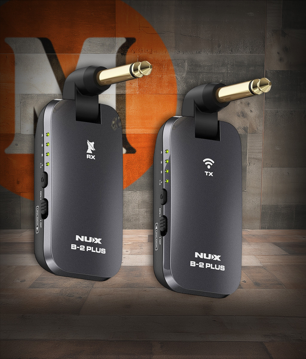 NUX B-2 Plus 2.4GHz Guitar Wireless System featuring a compact transmitter and receiver, high-definition digital audio, ultra-low latency, auto channel selection, and long-lasting rechargeable batteries for guitar and bass players.