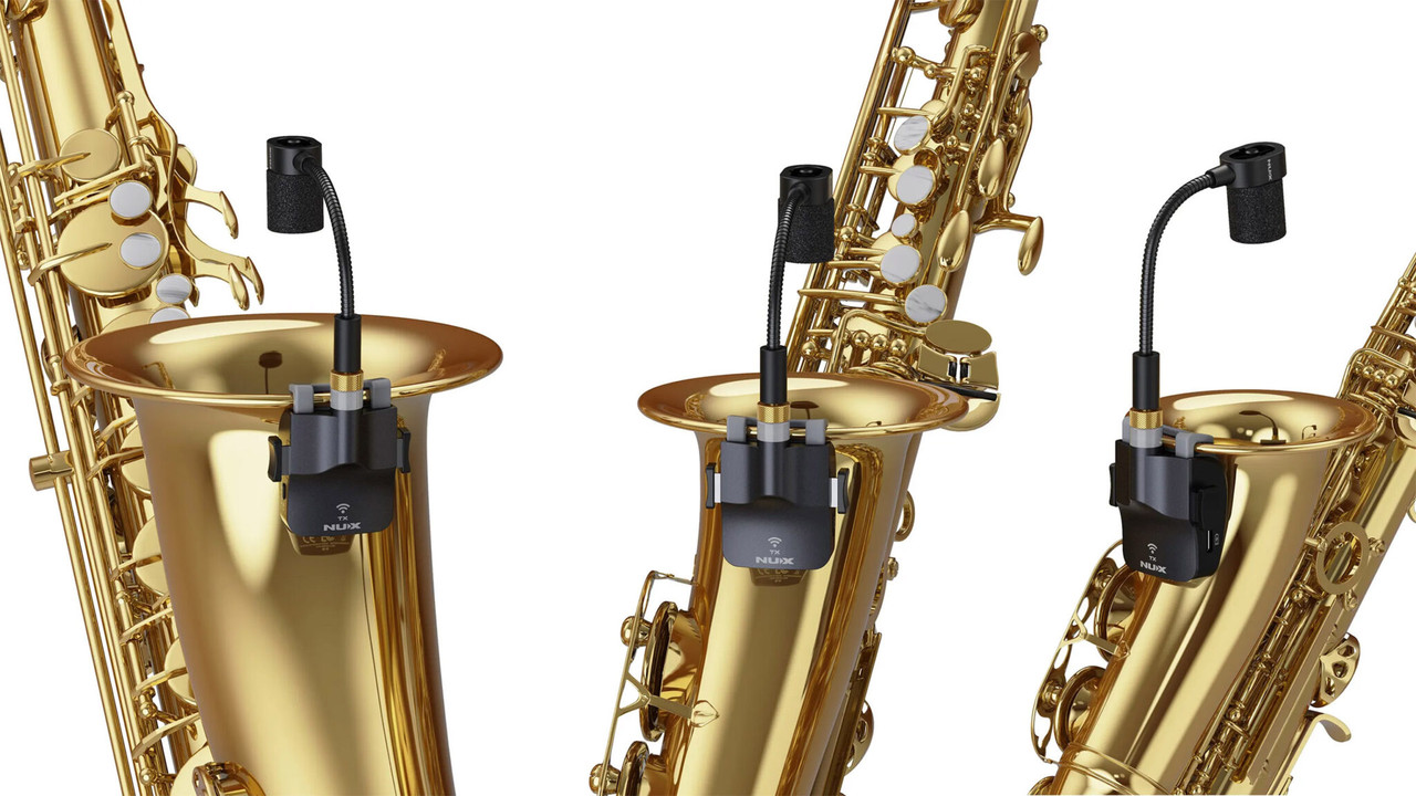 NUX B-6S 2.4GHz Wireless System for Saxophone featuring a compact clip-on transmitter and receiver, high-fidelity digital audio, stable 2.4GHz wireless performance, and ultra-low latency optimized for saxophone players.