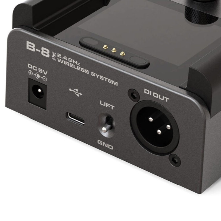 NUX B-8 2.4GHz Guitar Wireless System featuring a compact transmitter and receiver, high-fidelity digital audio, ultra-low latency, long battery life, and a stable 2.4GHz wireless connection for guitarists and bassists.