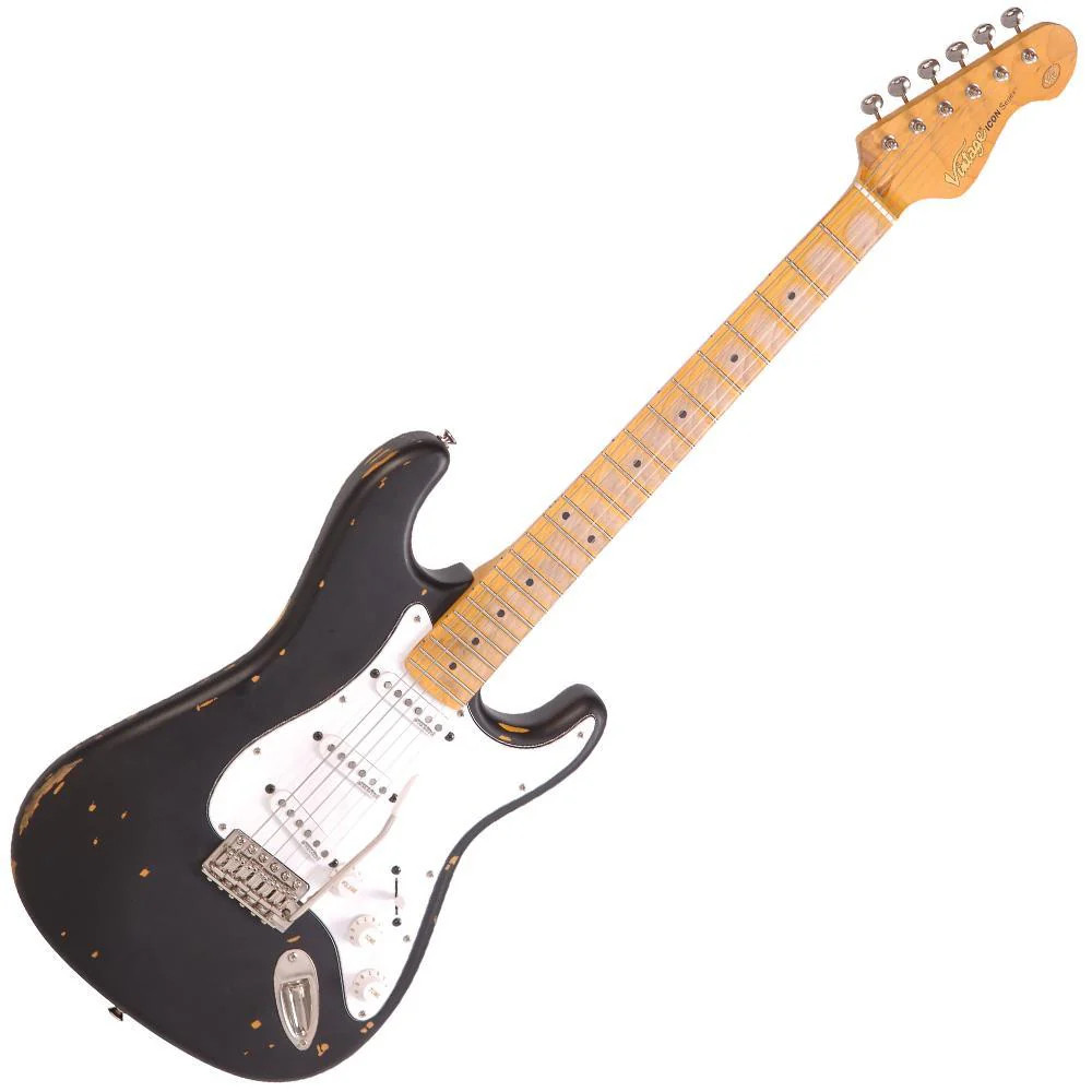 Vintage V6 ICON Electric Guitar - Distressed Boulevard Black (V6MRBK) | Musician Madness