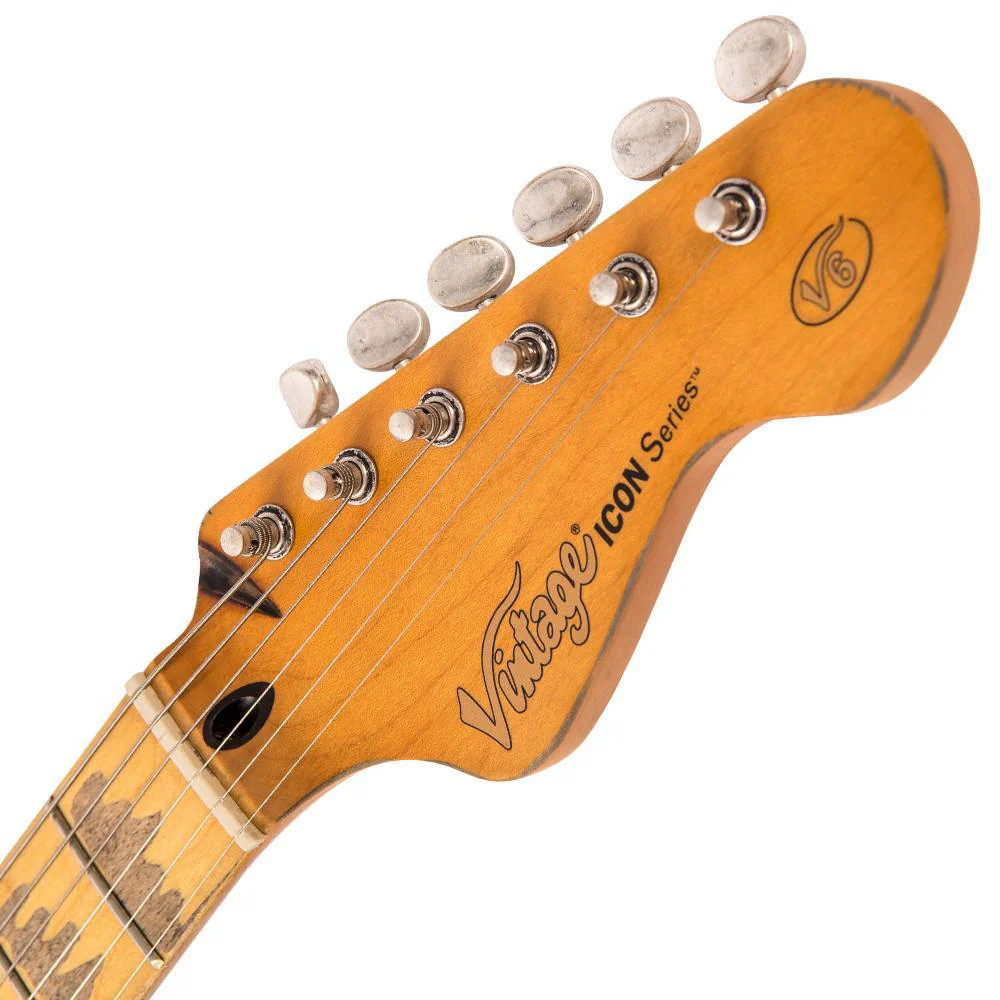 Vintage V6 ICON Electric Guitar in Distressed Boulevard Black featuring aged relic-style finish, Wilkinson hardware and pickups, contoured body, smooth neck profile, and classic vintage-inspired tone.
