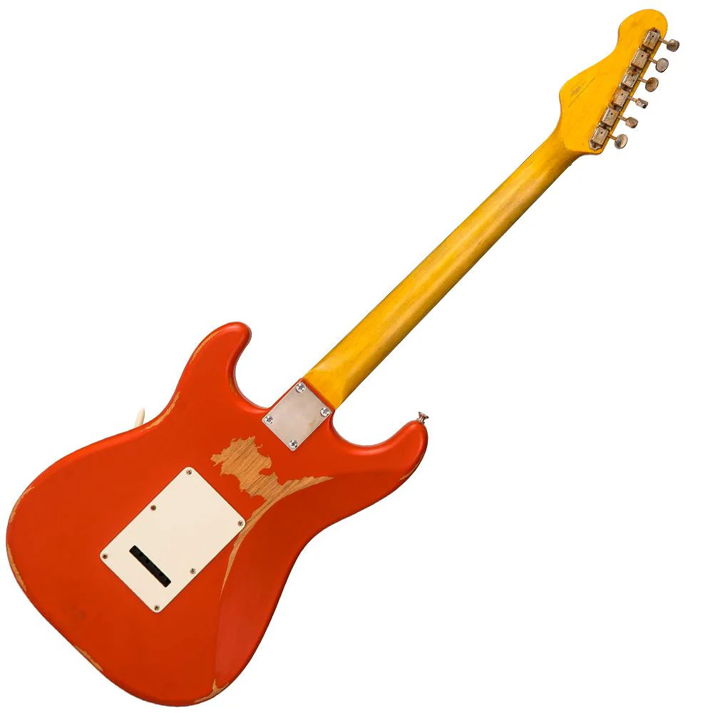 Vintage V6 ICON Electric Guitar in Distressed Firenza Red featuring a relic-style aged finish, Wilkinson hardware and pickups, contoured body design, and vintage-inspired tones ideal for blues, rock, and classic styles.