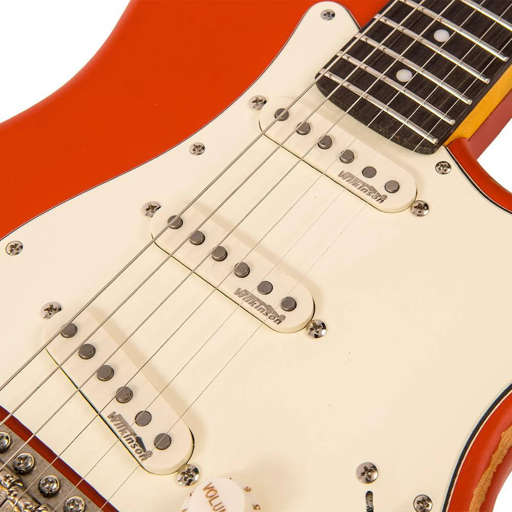 Vintage V6 ICON Electric Guitar - Distressed Firenza Red (V6MRFR) | Musician Madness