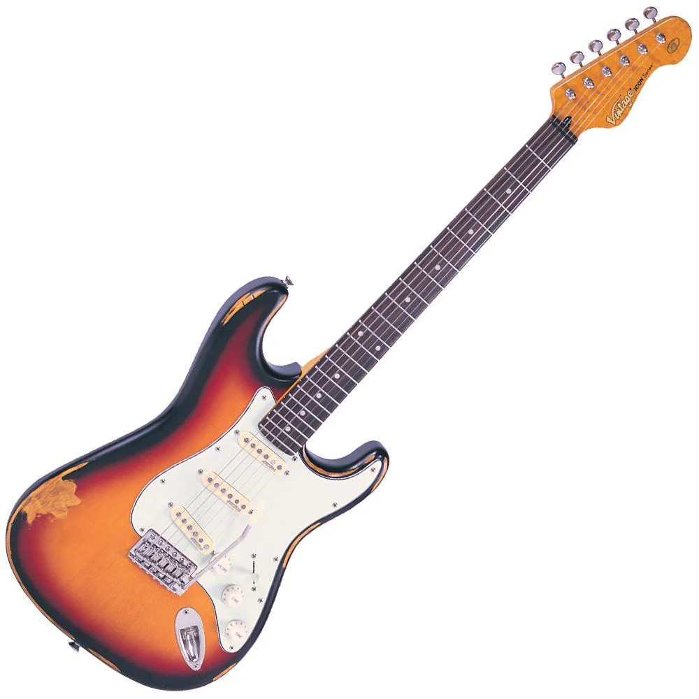 Vintage V6 ICON Electric Guitar in Distressed Sunburst featuring a classic relic-style finish, Wilkinson hardware and pickups, contoured body, smooth-play neck profile, and warm vintage-toned sound.