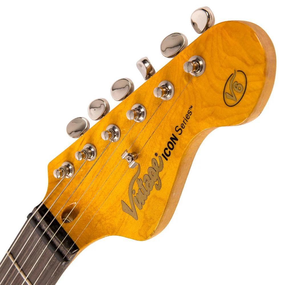 Vintage V6 ICON Electric Guitar in Distressed Sunburst featuring a classic relic-style finish, Wilkinson hardware and pickups, contoured body, smooth-play neck profile, and warm vintage-toned sound.