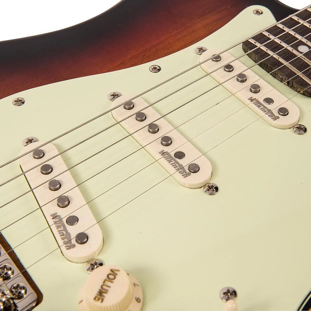 Vintage V6 ICON Electric Guitar in Distressed Sunburst featuring a classic relic-style finish, Wilkinson hardware and pickups, contoured body, smooth-play neck profile, and warm vintage-toned sound.