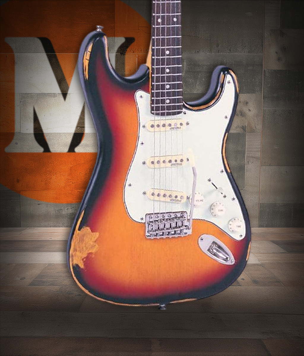 Vintage V6 ICON Electric Guitar in Distressed Sunburst featuring a classic relic-style finish, Wilkinson hardware and pickups, contoured body, smooth-play neck profile, and warm vintage-toned sound.