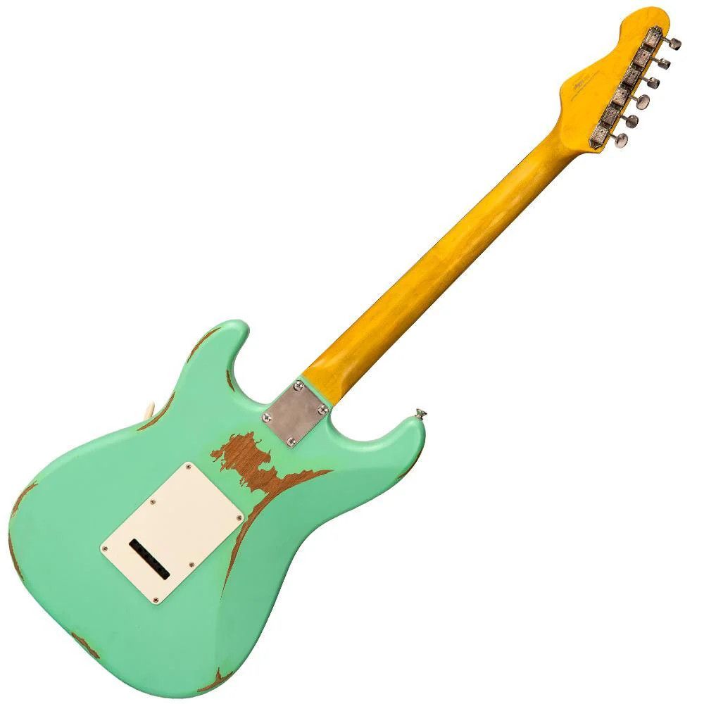 Vintage V6 ICON Electric Guitar in Distressed Ventura Green featuring a relic-style aged finish, Wilkinson hardware and pickups, contoured body, smooth neck profile, and warm vintage-inspired tonal character.