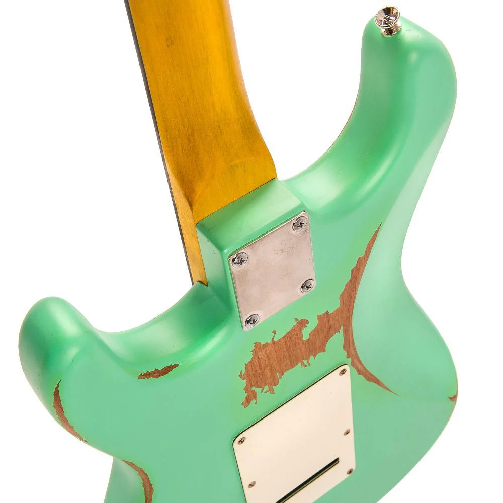 Vintage V6 ICON Electric Guitar in Distressed Ventura Green featuring a relic-style aged finish, Wilkinson hardware and pickups, contoured body, smooth neck profile, and warm vintage-inspired tonal character.