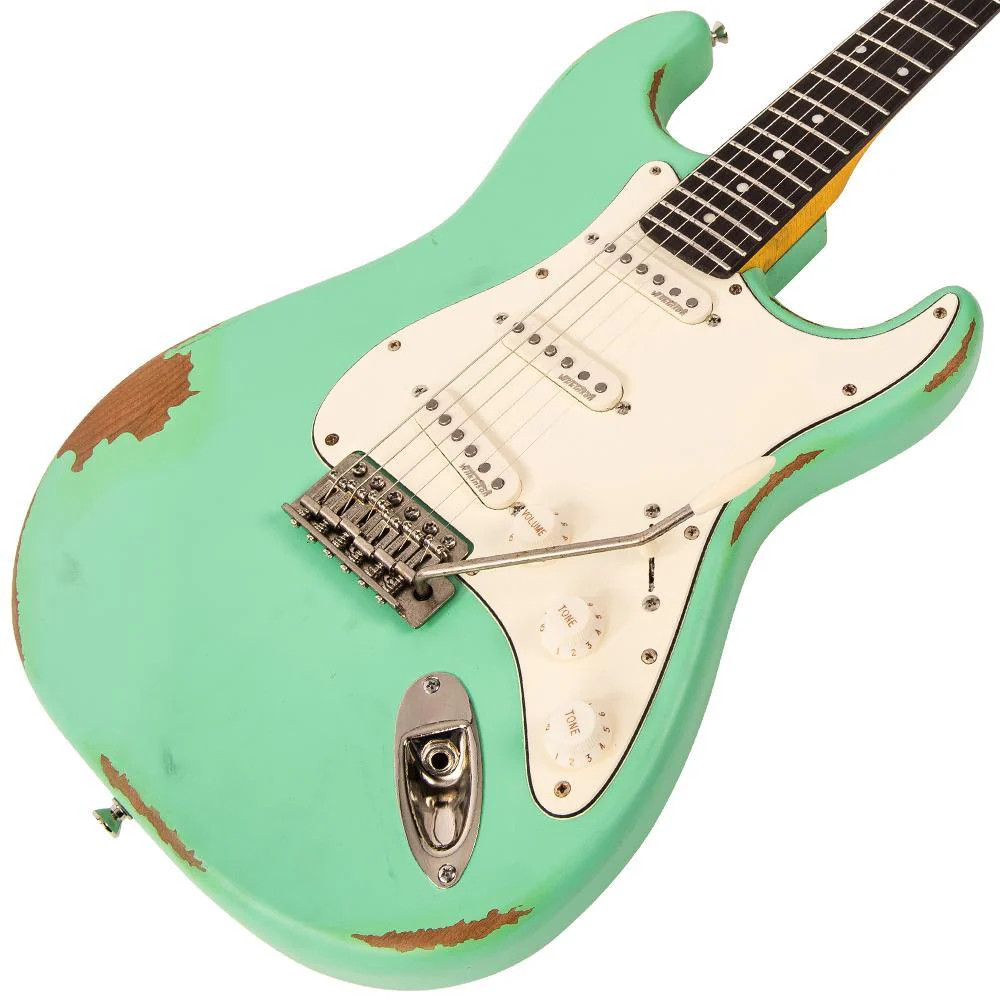 Vintage V6 ICON Electric Guitar in Distressed Ventura Green featuring a relic-style aged finish, Wilkinson hardware and pickups, contoured body, smooth neck profile, and warm vintage-inspired tonal character.