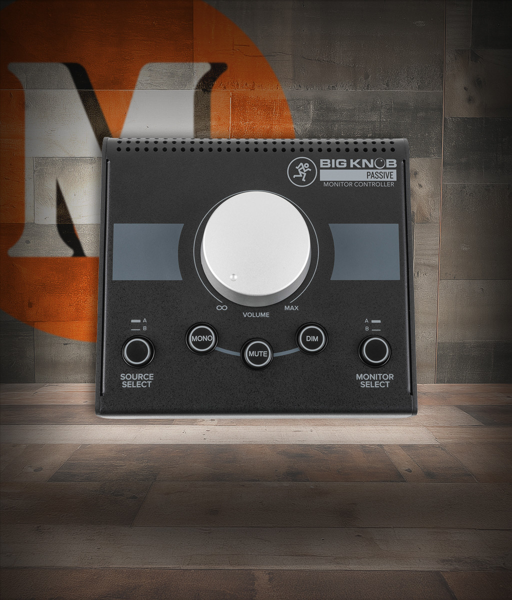 Mackie Big Knob Passive Monitor Controller (BIGKNOBPASSIVE) featuring large central volume knob, dual input and output selection, passive circuitry, and rugged studio-ready design.