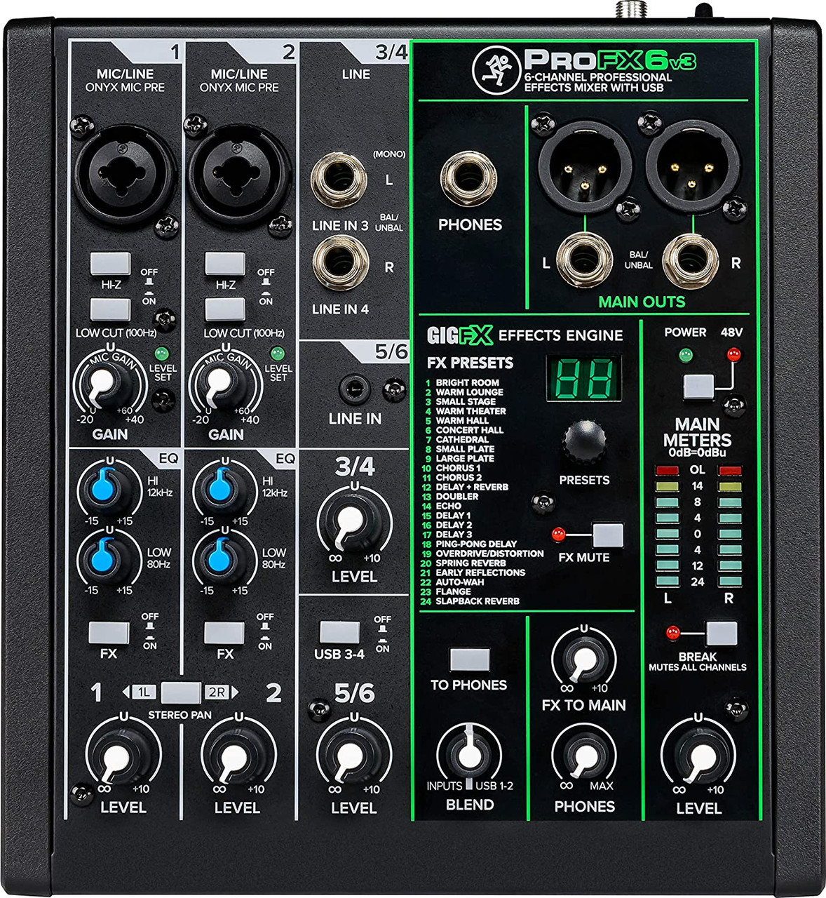 Mackie ProFX6v3 6-Channel Mixer (PROFX6-V3) featuring Onyx preamps, built-in digital effects, USB recording interface, and a compact rugged design ideal for performers, podcasters, and small live or studio setups.