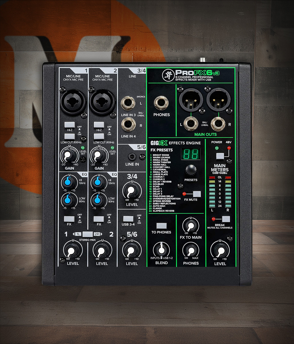 Mackie ProFX6v3 6-Channel Mixer (PROFX6-V3) featuring Onyx preamps, built-in digital effects, USB recording interface, and a compact rugged design ideal for performers, podcasters, and small live or studio setups.