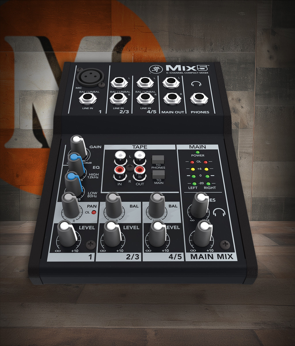 Mackie MIX5 5-Channel Compact Mixer (MIX5) featuring clean preamps, simple level and EQ controls, and a compact, durable design ideal for home studios, rehearsals, and portable mixing needs.