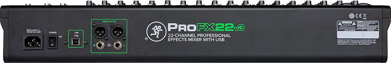 Mackie ProFX22v3 22-Channel Mixer (PROFX22-V3) featuring Onyx mic preamps, built-in digital effects, 2x4 USB recording interface, and expansive routing options for professional live sound and studio environments.