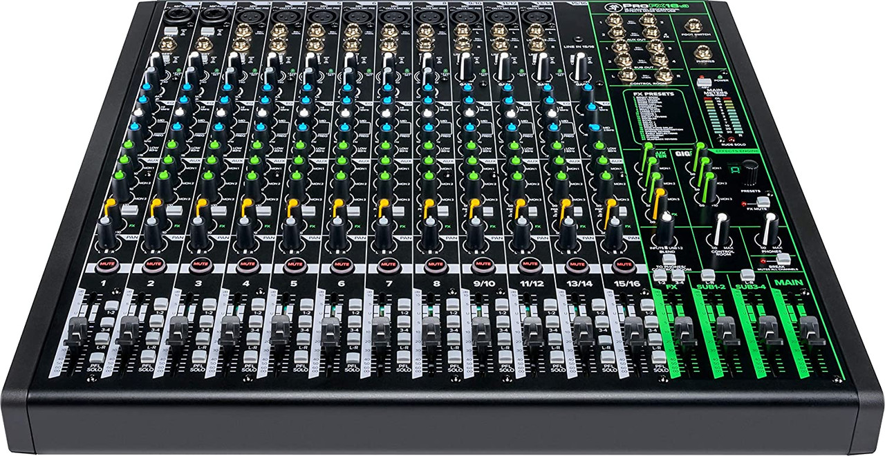 Mackie ProFX22v3 22-Channel Mixer (PROFX22-V3) featuring Onyx mic preamps, built-in digital effects, 2x4 USB recording interface, and expansive routing options for professional live sound and studio environments.
