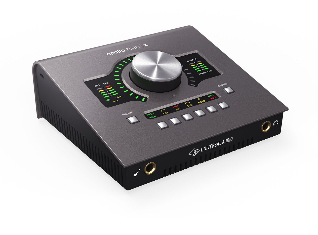 Universal Audio Apollo Twin X Duo USB Recording Interface â€“ Heritage Edition (UA-APLTWXDU-HE-U) featuring Unison mic preamps, onboard UAD-2 Duo processing, premium AD/DA conversion, and USB connectivity for professional studio recording.