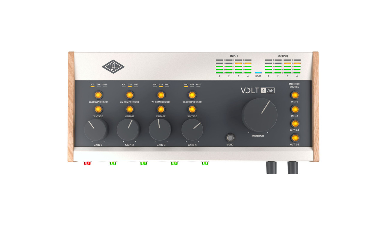 Universal Audio Volt 476P USB Audio Interface (UA-VOLT-476P-U) featuring four Vintage Mic Preamps, built-in 76 Compressors, USB-C connectivity, and multi-channel studio-quality recording for musicians, podcasters, and creators.