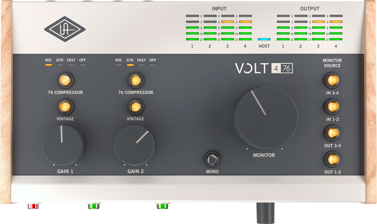 Universal Audio Volt 476 USB Audio Interface (UA-VOLT-476-U) featuring Vintage Mic Preamp mode, dual 76 Compressors, USB-C connectivity, and high-quality studio recording performance for musicians and creators.