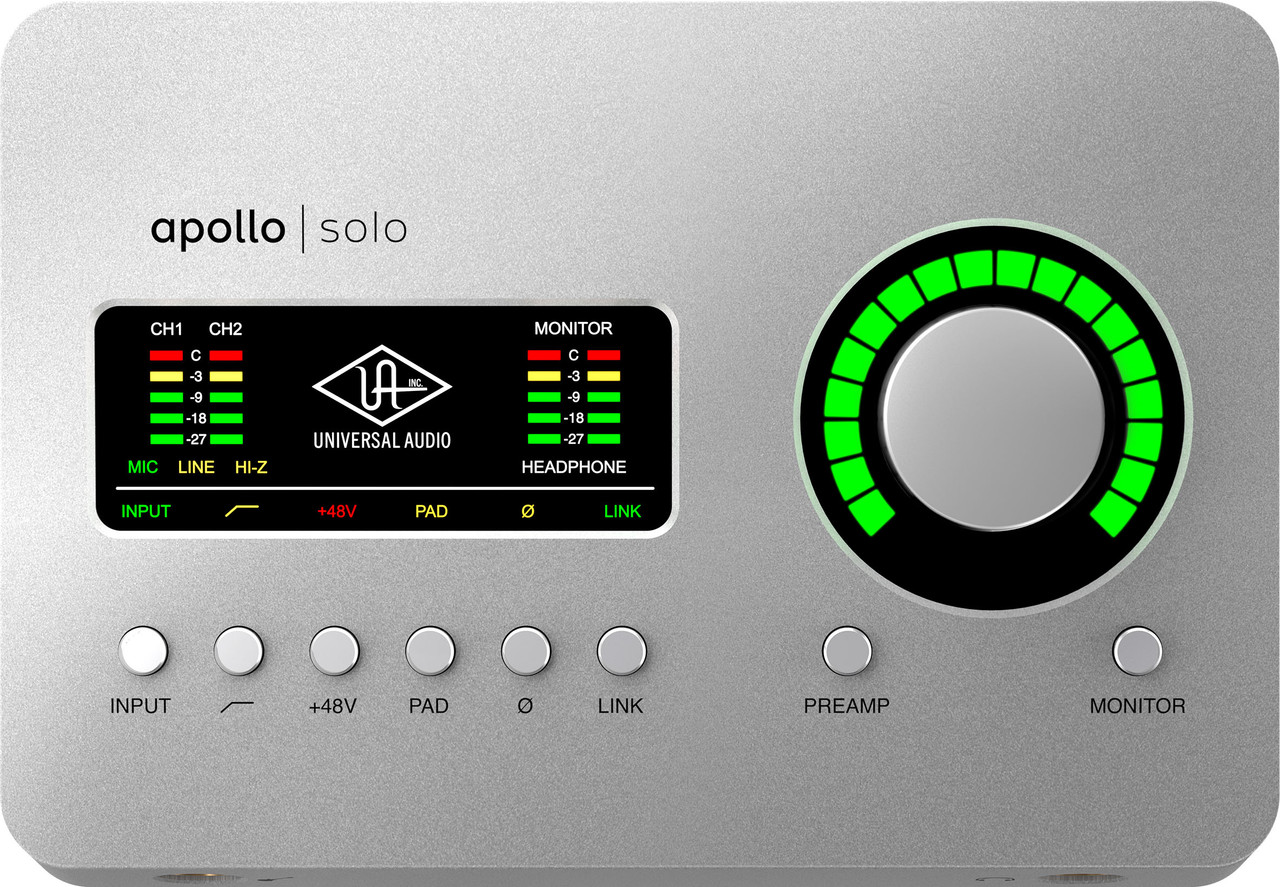 Universal Audio Apollo Solo Recording Interface – Heritage Edition Thunderbolt 3 (UA-APLS-HE-U) featuring Unison mic preamps, onboard UAD DSP, premium AD/DA conversion, and compact professional recording capability.