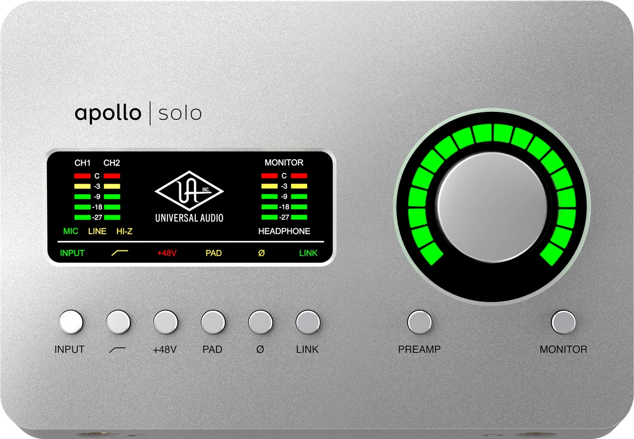 Universal Audio Apollo Solo Recording Interface â€“ Heritage Edition USB (UA-APLSU-HE-U) featuring Unison mic preamps, onboard UAD DSP processing, premium AD/DA conversion, and portable professional recording capability.