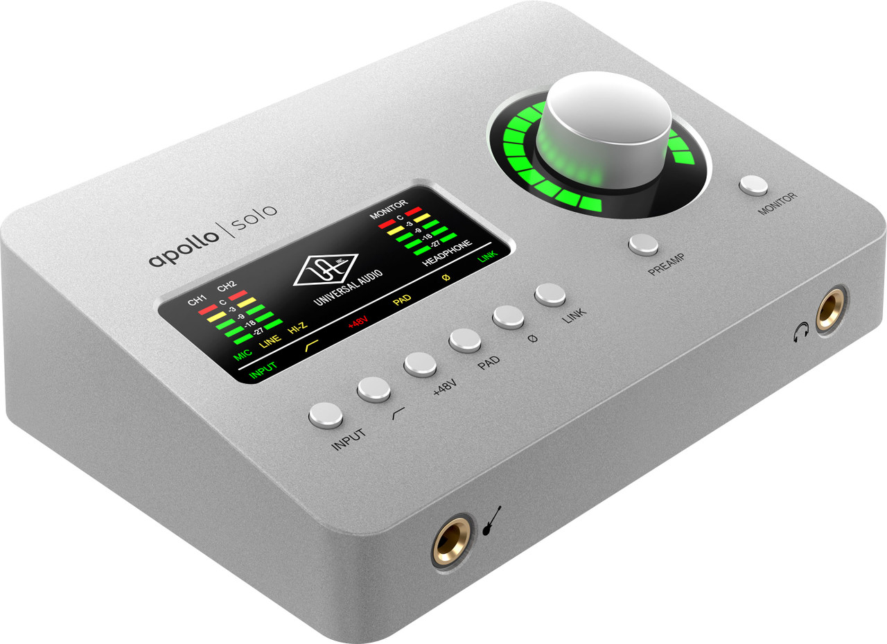 Universal Audio Apollo Solo Recording Interface â€“ Heritage Edition USB (UA-APLSU-HE-U) featuring Unison mic preamps, onboard UAD DSP processing, premium AD/DA conversion, and portable professional recording capability.