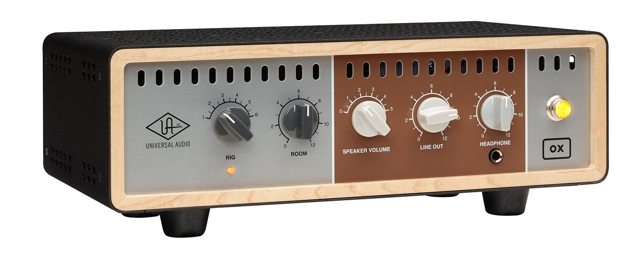 Universal Audio OX Guitar Amp Top Box (UA-OX-U) featuring premium reactive load technology, speaker cabinet emulations, dynamic mic modeling, built-in studio effects, and professional silent recording capability for electric guitar amplifiers.