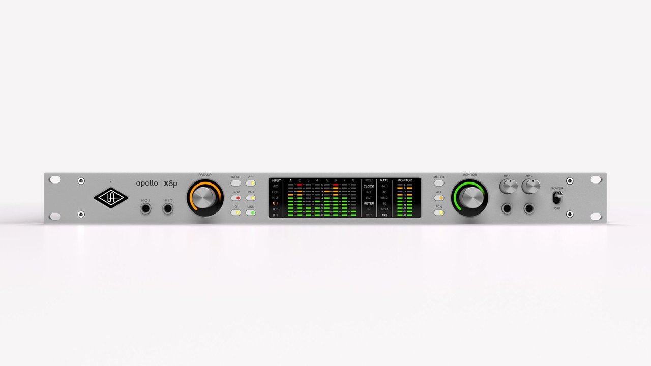 Universal Audio Apollo x8P Rackmount Recording Interface – Studio+ Gen 2 (UA-APX8PG2-STU-U) featuring eight Unison mic preamps, premium AD/DA conversion, UAD Quad DSP processing, and advanced studio routing for professional recording setups.
