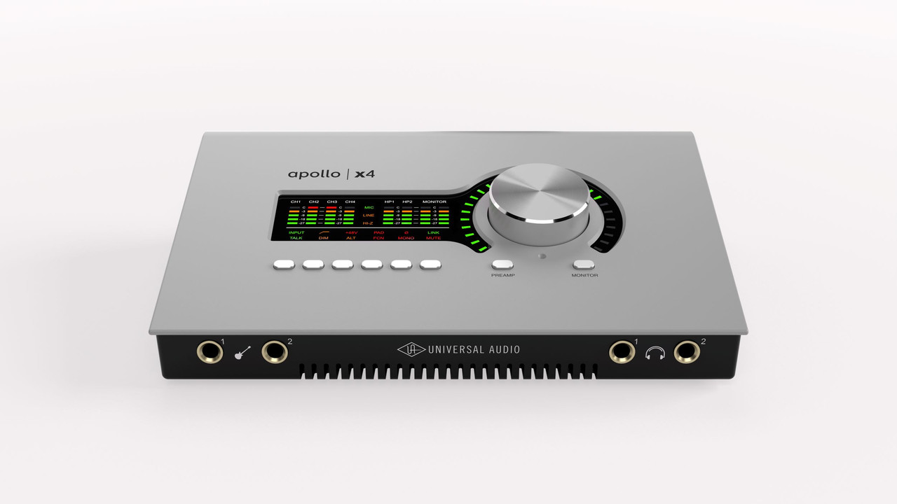 Universal Audio Apollo x4 Rackmount Recording Interface – Studio+ Gen 2 (UA-APX4G2-STU-U) featuring premium AD/DA conversion, four Unison mic preamps, UAD-2 Quad DSP processing, and the Studio+ plug-in bundle for professional studio-grade recording.