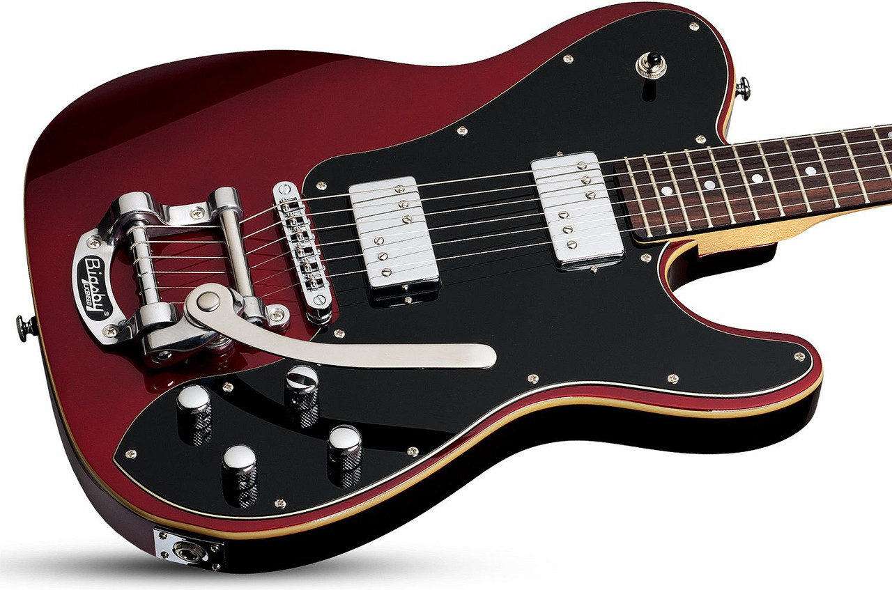 Schecter PT Fastback II B in Metallic Red (2211) featuring classic PT body shape, dual humbuckers, vintage-style hardware, and sleek red metallic finish for versatile rock performance.