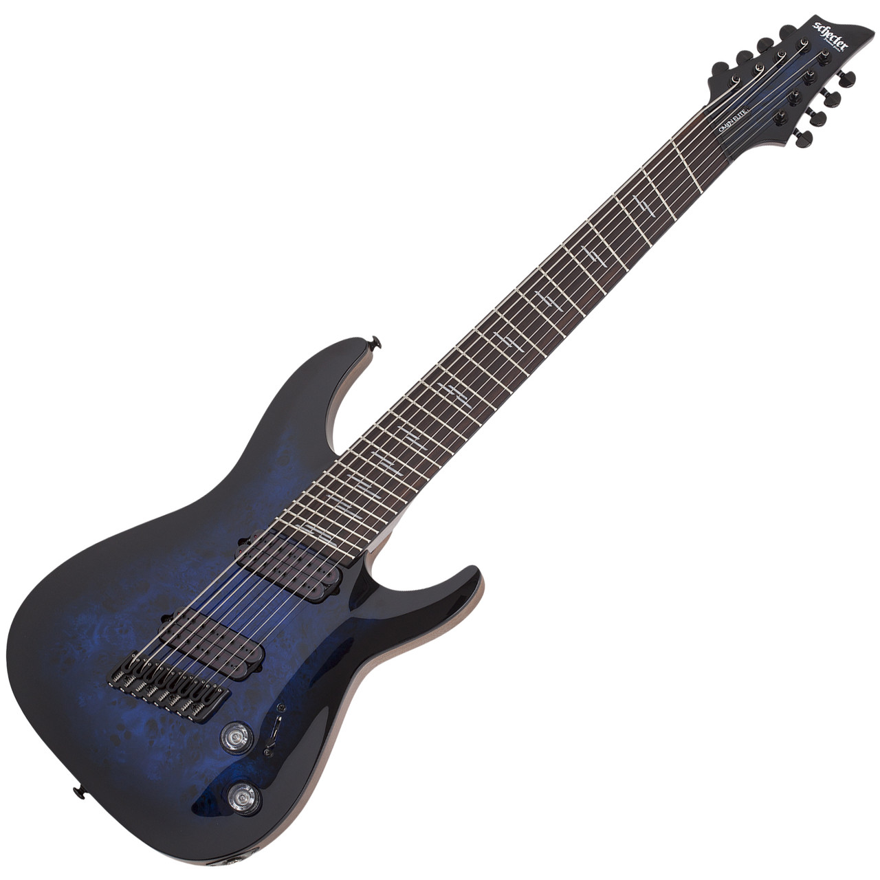 Schecter Omen Elite-8 MS 8-String – See-Thru Blue Burst (2467-SHC) featuring multiscale fingerboard, high-output humbuckers, contoured body, and a stunning figured top designed for modern extended-range performance.