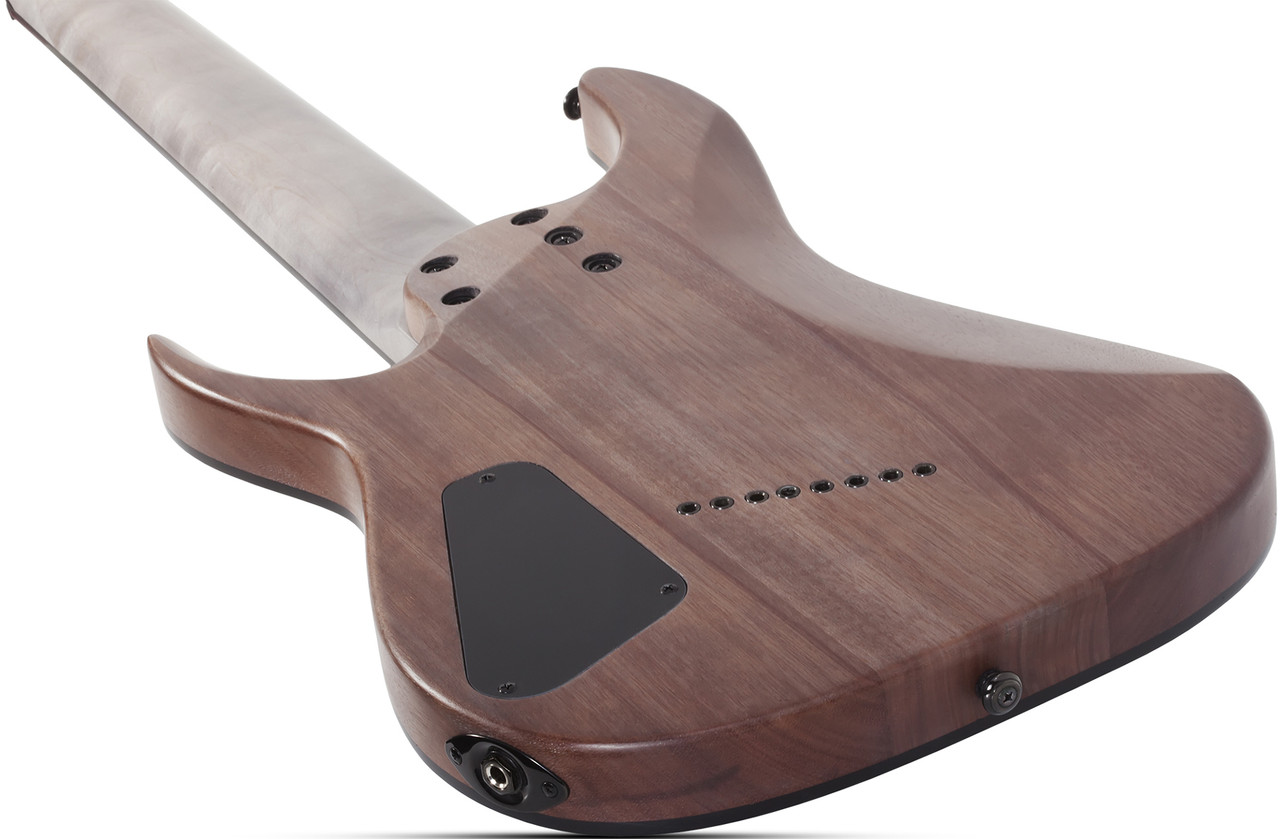 Schecter Omen Elite-8 MS 8-String – See-Thru Blue Burst (2467-SHC) featuring multiscale fingerboard, high-output humbuckers, contoured body, and a stunning figured top designed for modern extended-range performance.