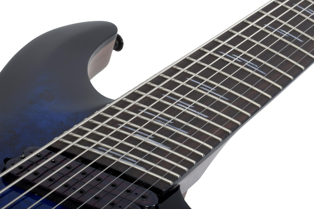 Schecter Omen Elite-8 MS 8-String – See-Thru Blue Burst (2467-SHC) featuring multiscale fingerboard, high-output humbuckers, contoured body, and a stunning figured top designed for modern extended-range performance.