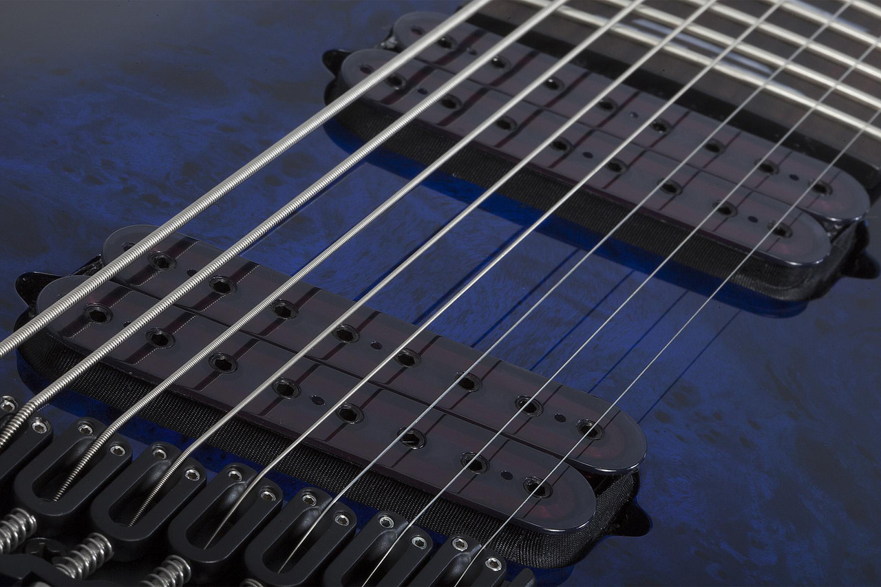 Schecter Omen Elite-8 MS 8-String – See-Thru Blue Burst (2467-SHC) featuring multiscale fingerboard, high-output humbuckers, contoured body, and a stunning figured top designed for modern extended-range performance.