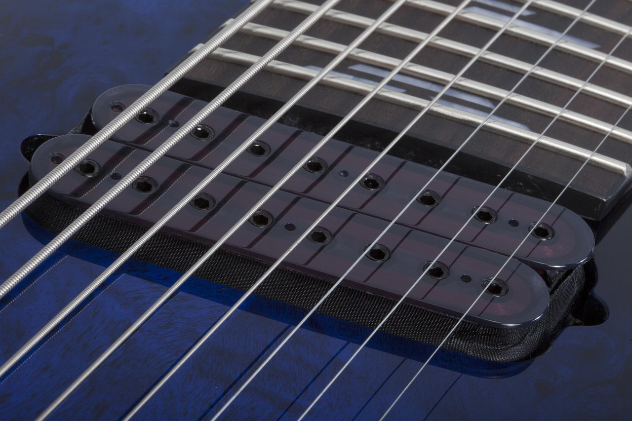 Schecter Omen Elite-8 MS 8-String – See-Thru Blue Burst (2467-SHC) featuring multiscale fingerboard, high-output humbuckers, contoured body, and a stunning figured top designed for modern extended-range performance.