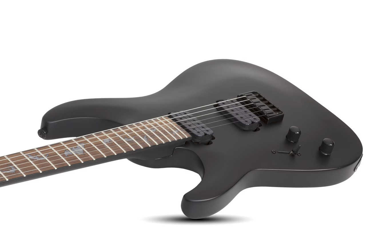 Schecter Damien-6 Left-Handed â€“ Satin Black (2473) featuring high-output pickups, arched top body, fast maple neck, and sleek satin black finish designed for modern heavy playing.