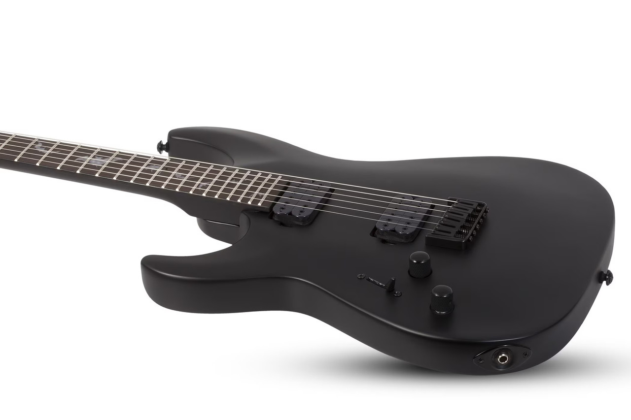 Schecter Damien-6 Left-Handed â€“ Satin Black (2473) featuring high-output pickups, arched top body, fast maple neck, and sleek satin black finish designed for modern heavy playing.