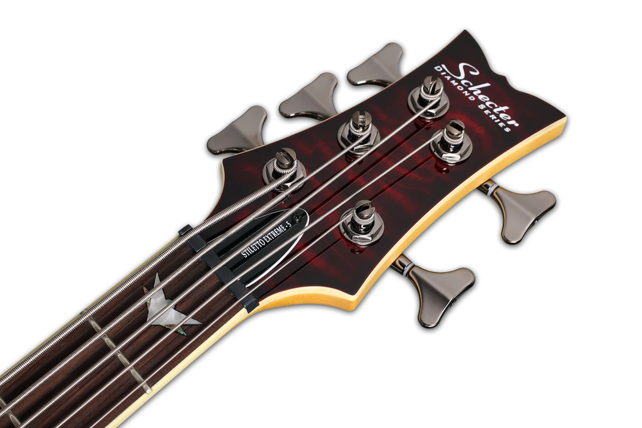 Schecter Stiletto Extreme-5 – Black Cherry (2502) featuring active EQ electronics, sculpted body, high-output pickups, and a flamed carved top finished in rich Black Cherry for powerful modern bass performance.