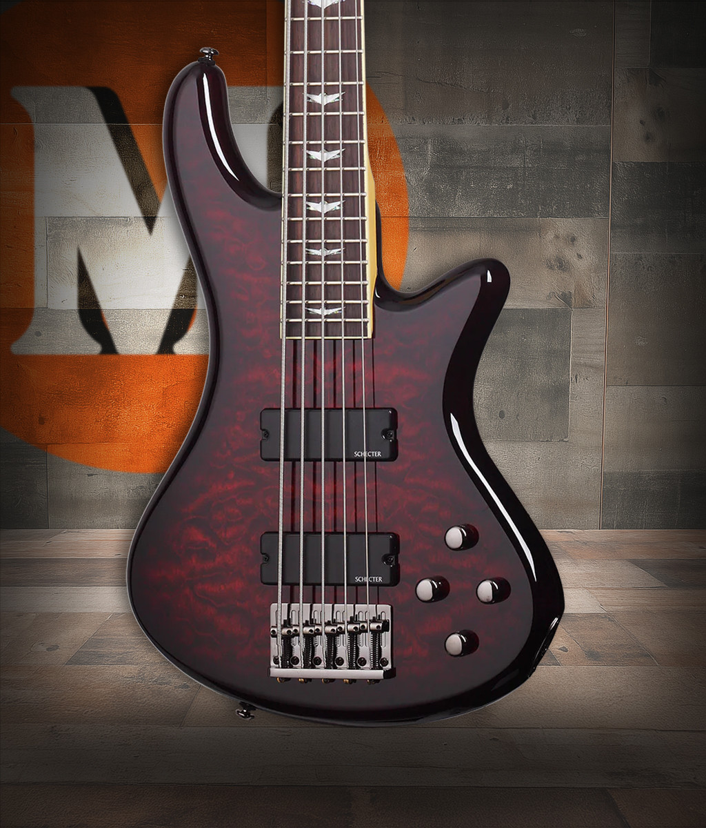 Schecter Stiletto Extreme-5 – Black Cherry (2502) featuring active EQ electronics, sculpted body, high-output pickups, and a flamed carved top finished in rich Black Cherry for powerful modern bass performance.