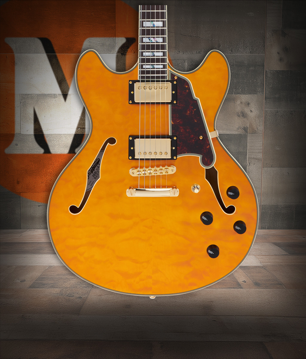 Dâ€™Angelico Excel DC XT - Vintage Natural Quilt (DAEDCXTQVNATGS) featuring a quilted maple top, semi-hollow double-cut body, Seymour Duncan pickups, and an elegant Vintage Natural finish crafted for expressive, premium tone.