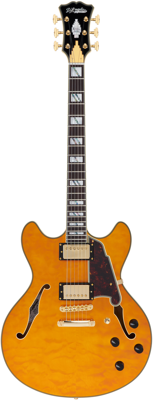 Dâ€™Angelico Excel DC XT - Vintage Natural Quilt (DAEDCXTQVNATGS) featuring a quilted maple top, semi-hollow double-cut body, Seymour Duncan pickups, and an elegant Vintage Natural finish crafted for expressive, premium tone.