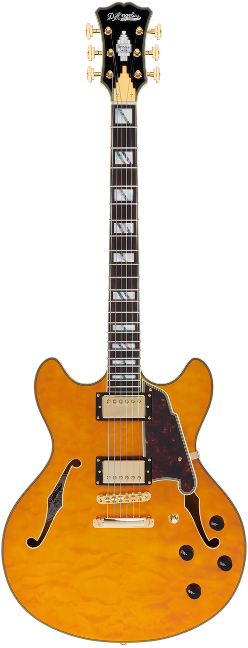 DÃ¢â‚¬â„¢Angelico Excel DC XT - Vintage Natural Quilt (DAEDCXTQVNATGS) featuring a quilted maple top, semi-hollow double-cut body, Seymour Duncan pickups, and an elegant Vintage Natural finish crafted for expressive, premium tone.