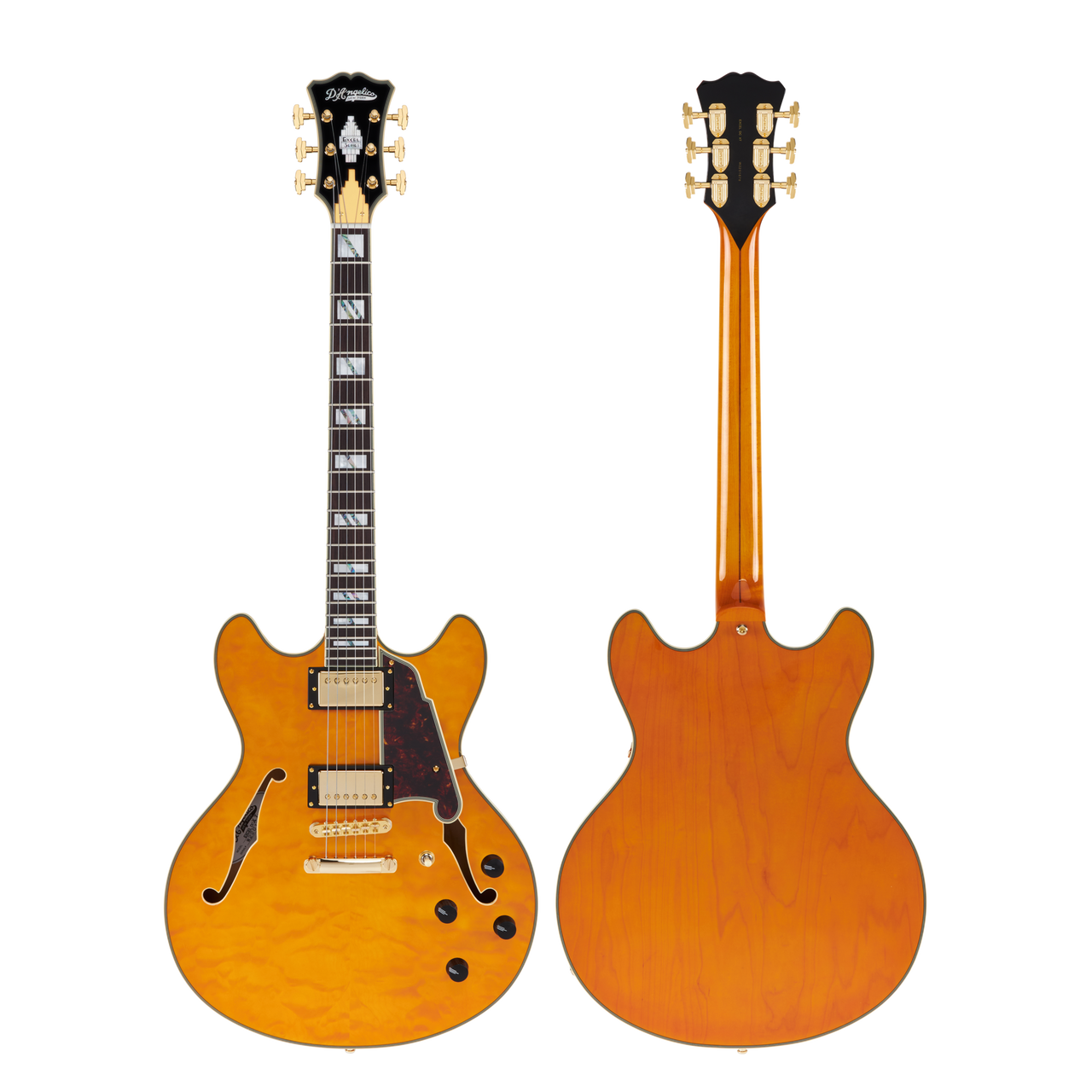 Dâ€™Angelico Excel DC XT - Vintage Natural Quilt (DAEDCXTQVNATGS) featuring a quilted maple top, semi-hollow double-cut body, Seymour Duncan pickups, and an elegant Vintage Natural finish crafted for expressive, premium tone.