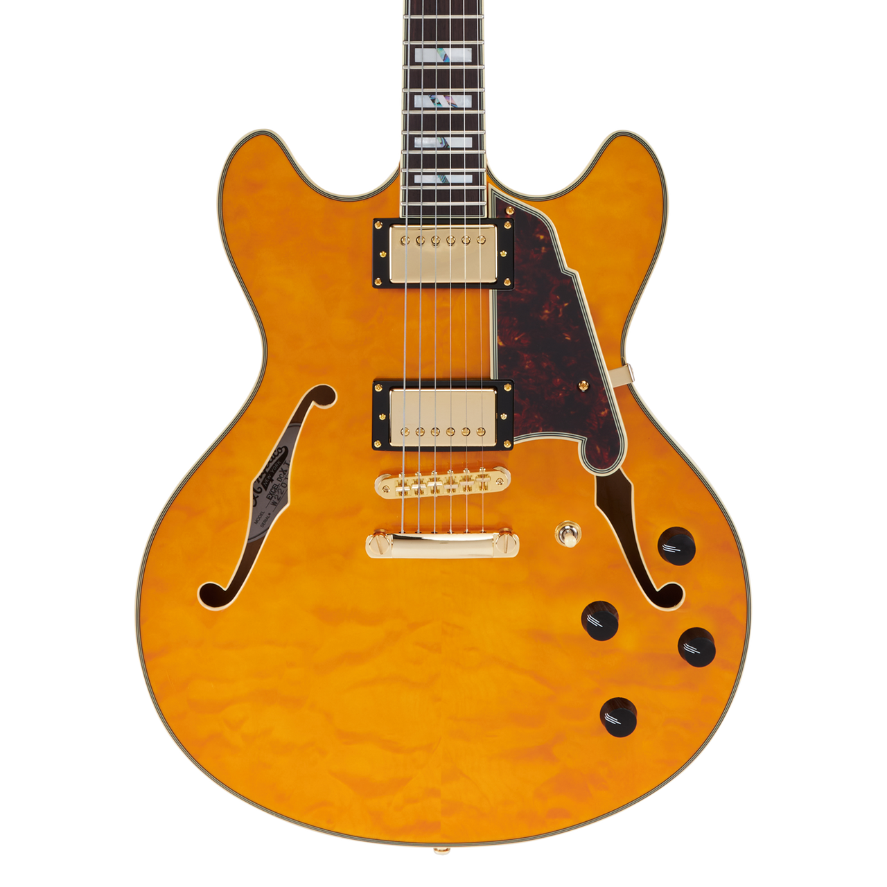 DÃ¢â‚¬â„¢Angelico Excel DC XT - Vintage Natural Quilt (DAEDCXTQVNATGS) featuring a quilted maple top, semi-hollow double-cut body, Seymour Duncan pickups, and an elegant Vintage Natural finish crafted for expressive, premium tone.