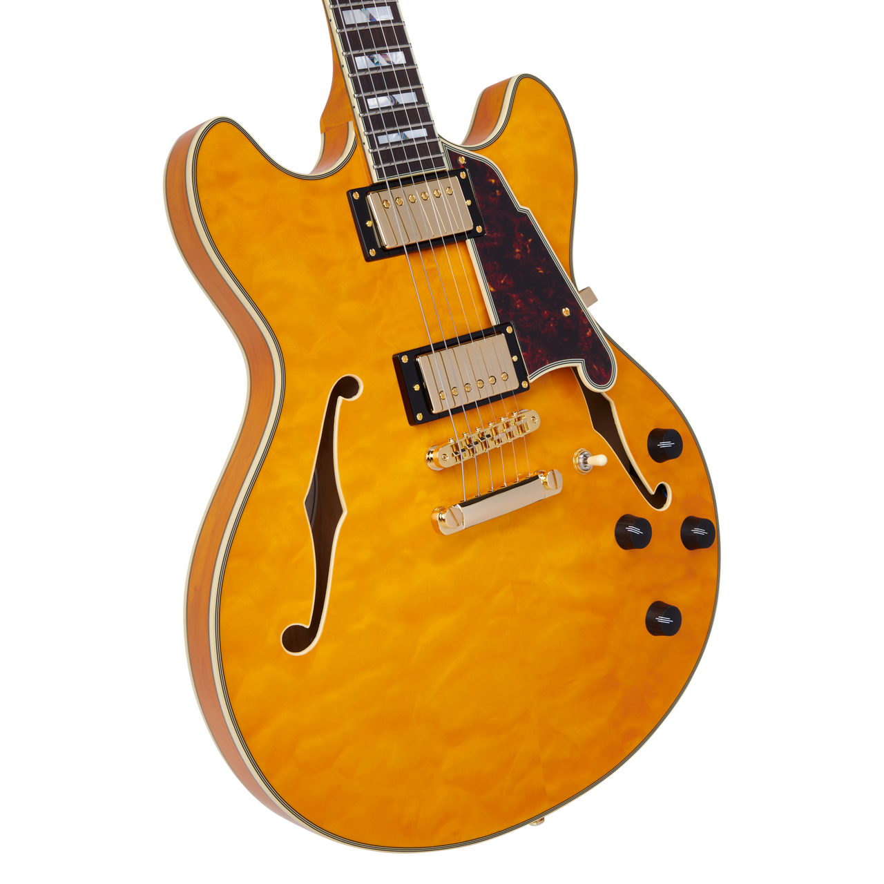 Dâ€™Angelico Excel DC XT - Vintage Natural Quilt (DAEDCXTQVNATGS) featuring a quilted maple top, semi-hollow double-cut body, Seymour Duncan pickups, and an elegant Vintage Natural finish crafted for expressive, premium tone.